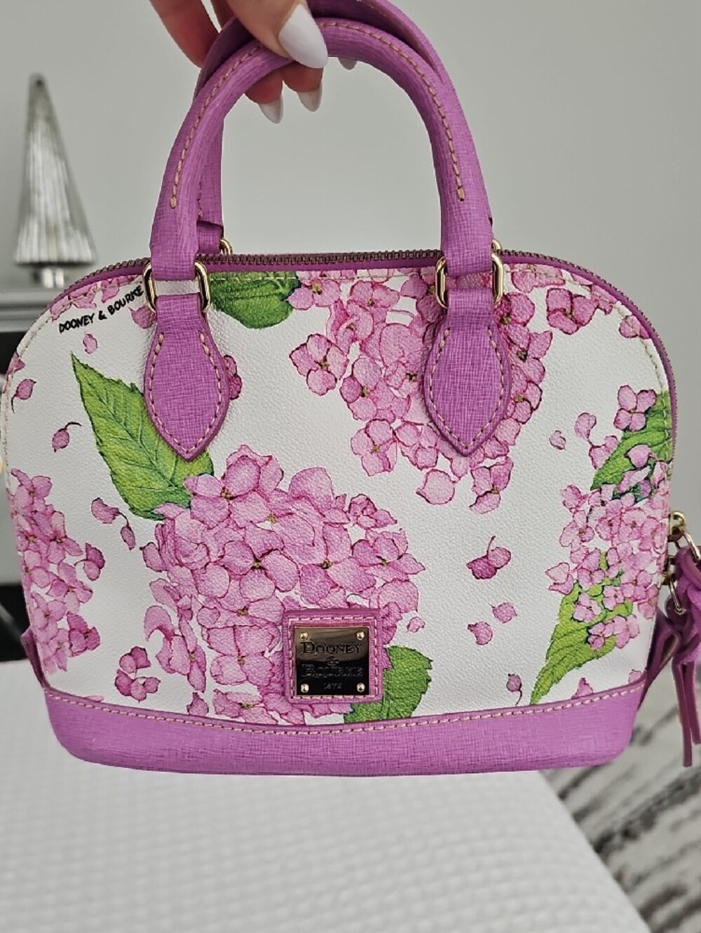 Mini Dooney & Bourke Pink Floral Dome Satchel with Green Leaf Accents - Picture 2 of 10